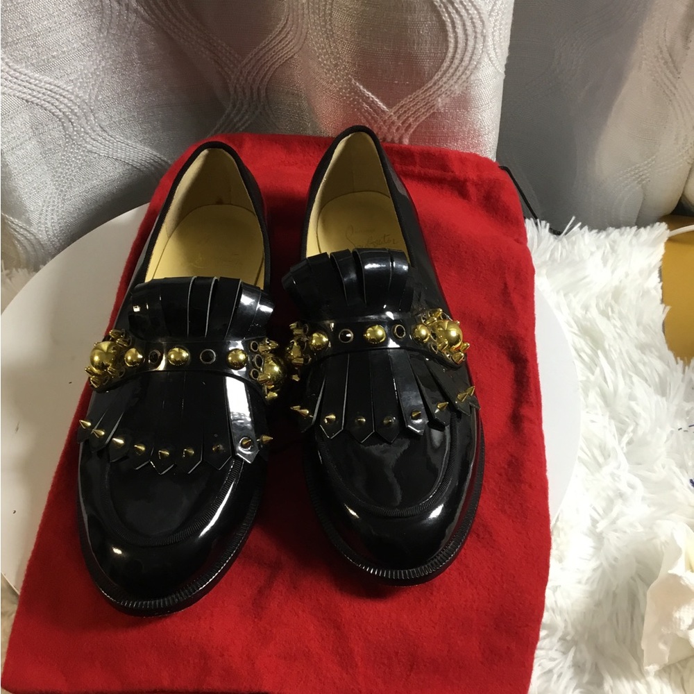 Christian Louboutin Patent Loafers with Gold Studs and Fringe